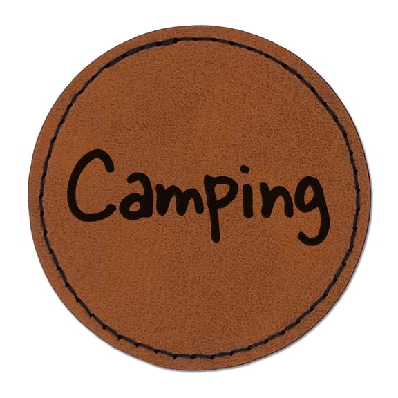 Camping Fun Text 2.5" Faux Leather Round Engraved Iron-On Patch - Brown