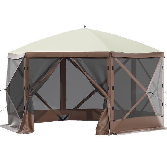 Camping Gazebo Tent, 10'x10', 6 Sided Pop-up Canopy Screen Tent for 8 Person Camping, Waterproof Screen Shelter w/Portable Storage Bag, Ground Stakes, Mesh Windows, Brown & Beige