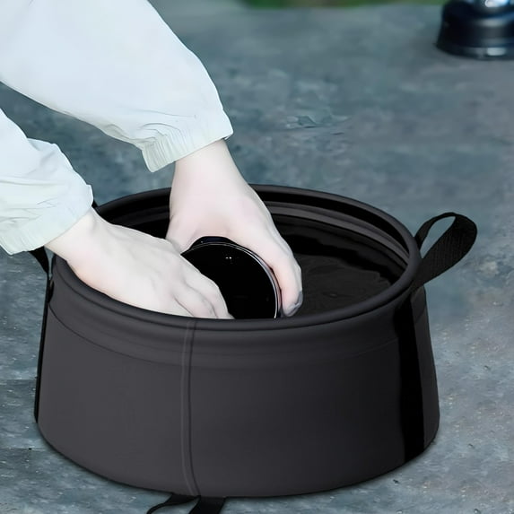 Camping Gear Folding Bucket, Black Oxford Cloth Collapsible Portable Basin, Lightweight Durable with Handle and Hanging Loop, Multipurpose for Face Feet Laundry Wash, Ideal for Camping Hiking