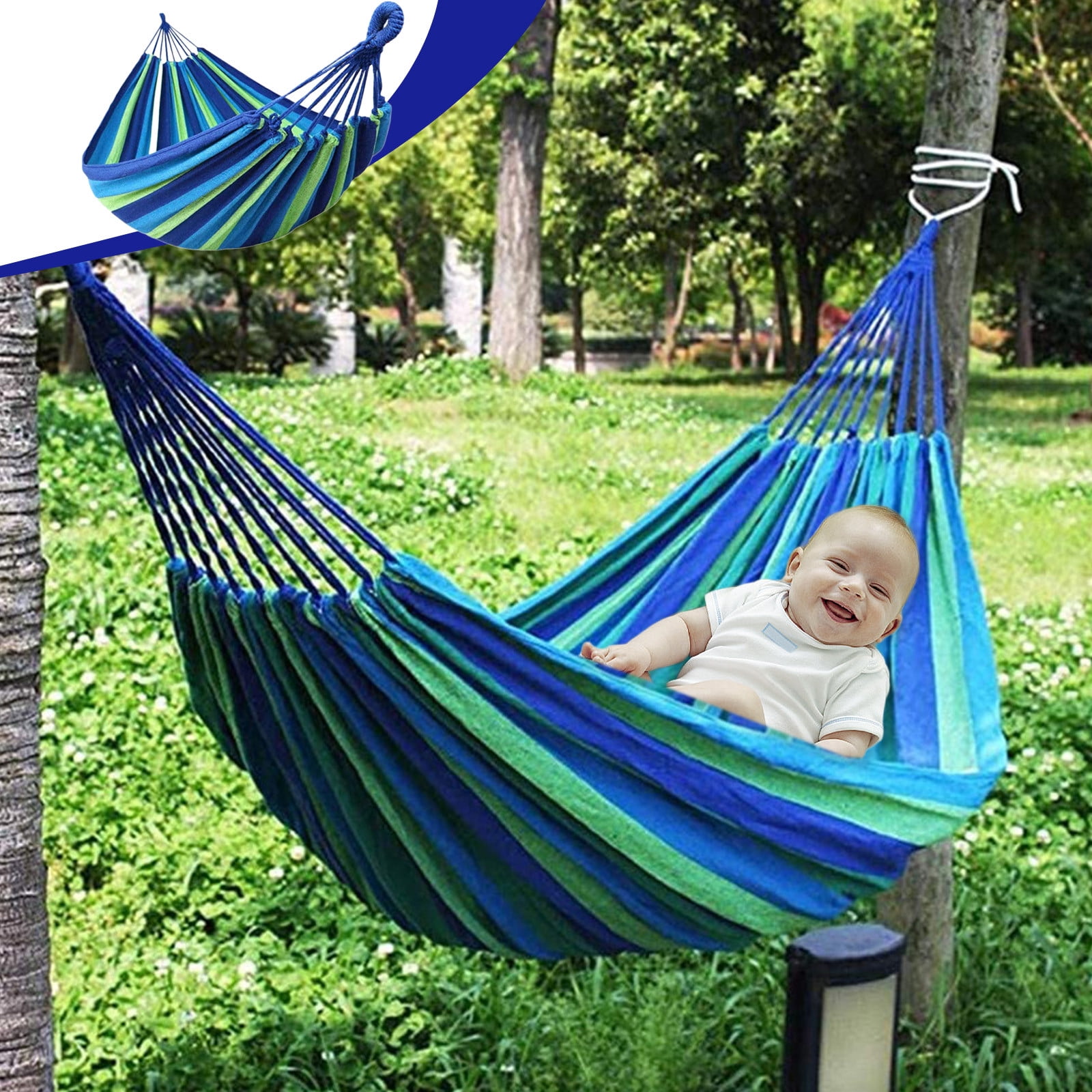 Camping Gear Savings! Uhuya Single Hammocks Cotton Canvas Hammocks Portable Camping Hammocks with Carrying Bag Two Metal Carabiner Rope Suitable for Travel Yard Garden Indoor Outdoor Patio Blue