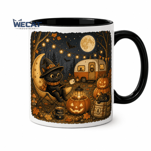 Camping Ghost Mug Black Cat Halloween Campfire Coffee Cup for Fall Campers
