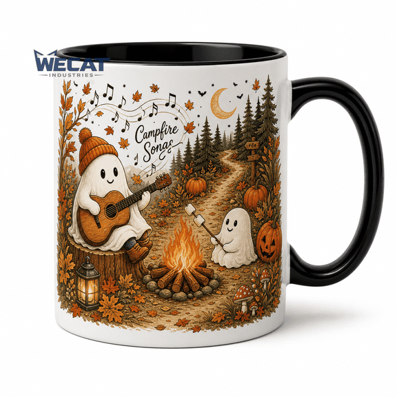 Camping Ghost Mug, Campfire Guitar Coffee Cup for Halloween and Fall Camping Fans
