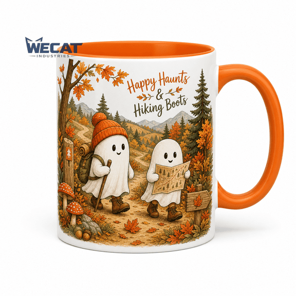 Camping Ghost Mug, Cute Fall Hiking Coffee Cup for Campfire Mornings, Halloween Camper Gift