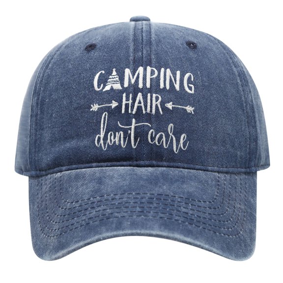 Camping Hair Don't Care Embroidered Adjustable Washed Adult Baseball Dad Hat, Curved Brim Outdoor Sun Cap for Travel & Casual Daily Use