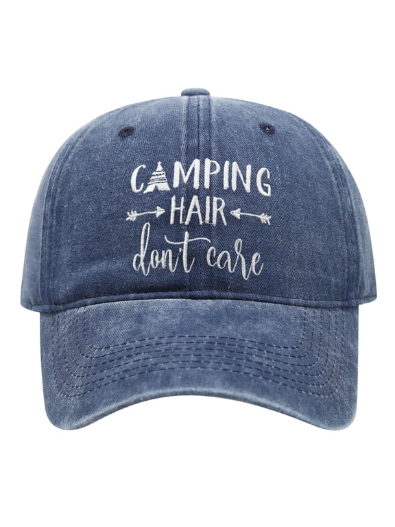 Camping Hair Don't Care Embroidered Adjustable Washed Adult Baseball Dad Hat, Curved Brim Outdoor Sun Cap for Travel & Casual Daily Use