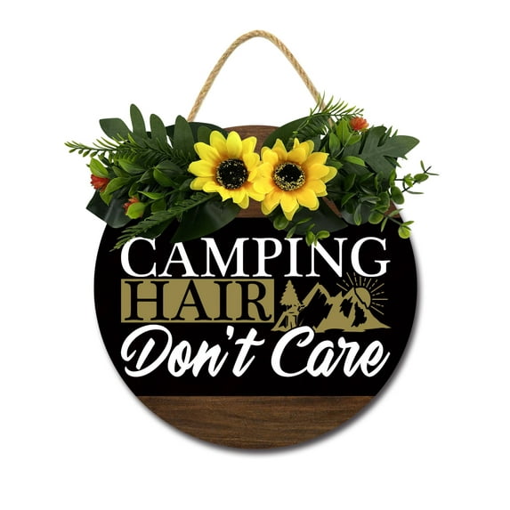 Camping Hair Don‘t Care Sign Farmhouse Wood Sign Front Porch Decor Rustic Wooden Sign Wall Decor Hanging Wooden Decorations with Bow-Knot for Home Porch Wall Door, 11 x 11 Inch