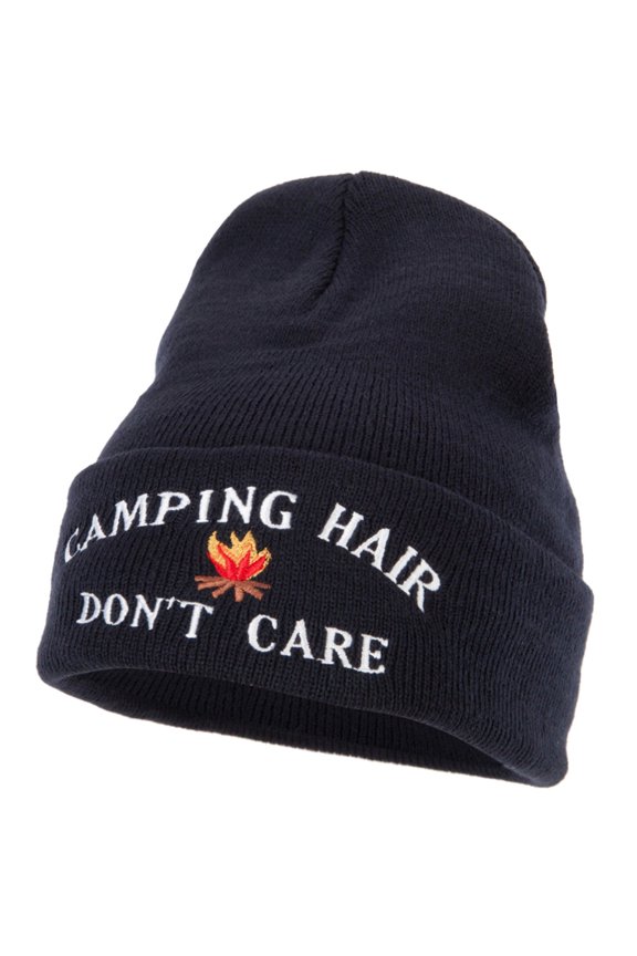 Camping Hair Don't Care with Fire Embroidered 12 Inch Long Knitted Beanie - Navy OSFM