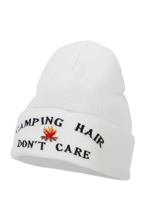 Camping Hair Don't Care with Fire Embroidered 12 Inch Long Knitted Beanie - White OSFM