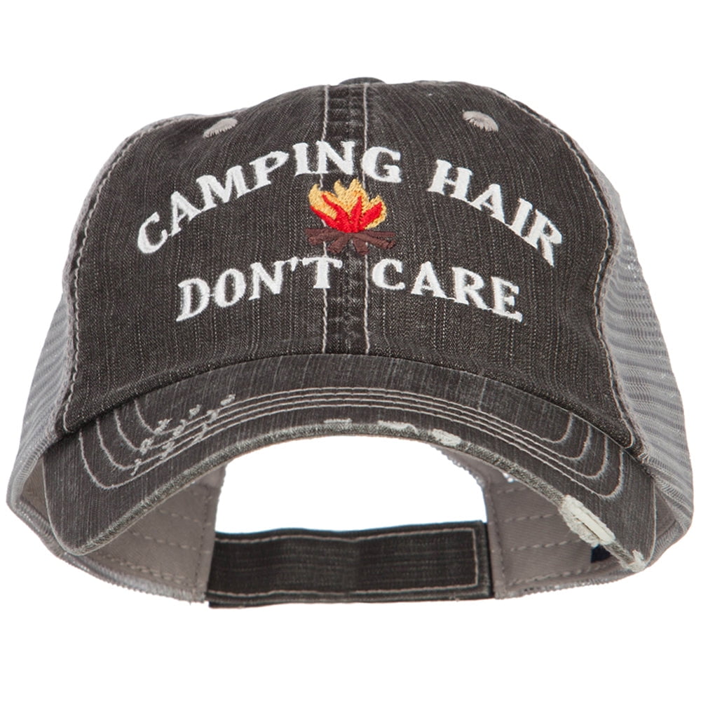 Camping Hair Don't Care with Fire Embroidered Cotton Mesh Cap - Black ...