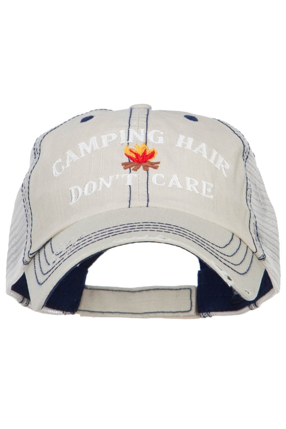 Camping Hair Don't Care with Fire Embroidered Cotton Mesh Cap - Putty OSFM