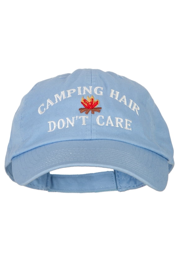 Camping Hair Don't Care with Fire Embroidered Low Profile Cotton Cap - Sky Blue OSFM