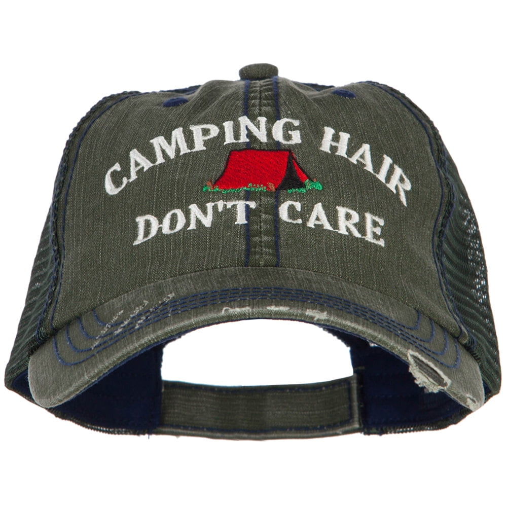 Camping Hair Don't Care with Tent Embroidered Cotton Mesh Cap - Green ...