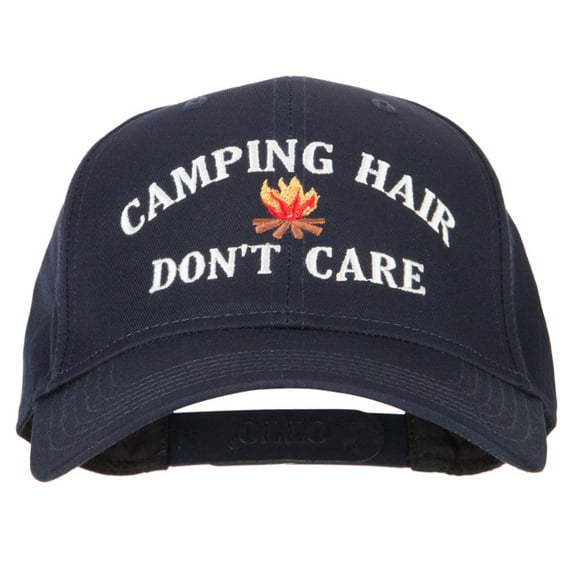 Camping Hair Don't Care with fire Embroidered Solid Cotton Pro Cap - Navy OSFM