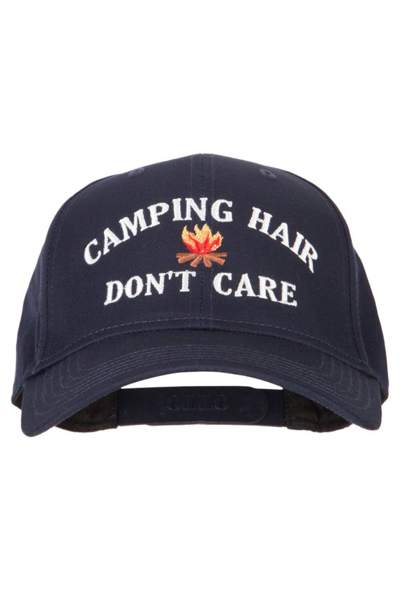 Camping Hair Don't Care with fire Embroidered Solid Cotton Pro Cap - Navy OSFM