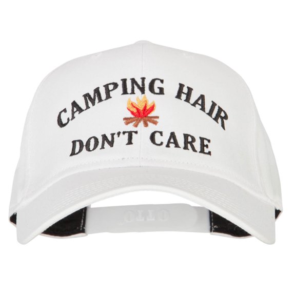 Camping Hair Don't Care with fire Embroidered Solid Cotton Pro Cap - White OSFM