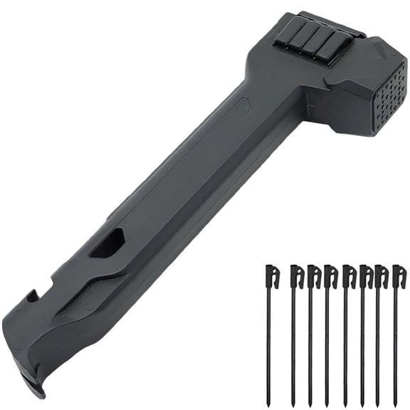 Camping Hammer, 10.9 x 3.4 x 1.5 in Multifunctional Tent Mallet with Peg Puller, Integrated Stake Storage and Bottle Opener, Lightweight Portable Tool Includes 8 Stakes for Outdoor Canopy Setup