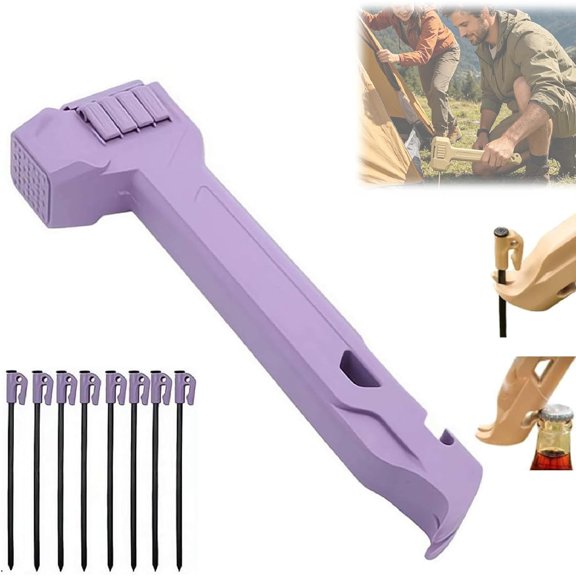 Camping Hammer with 8 Pegs, 4 In 1 Lightweight Multi-Function Peg Driver Puller with Built-In Storage Handle, Tent Stake Hammer for Camping Backpacking Tent Setup and Survival Gear(Purple)