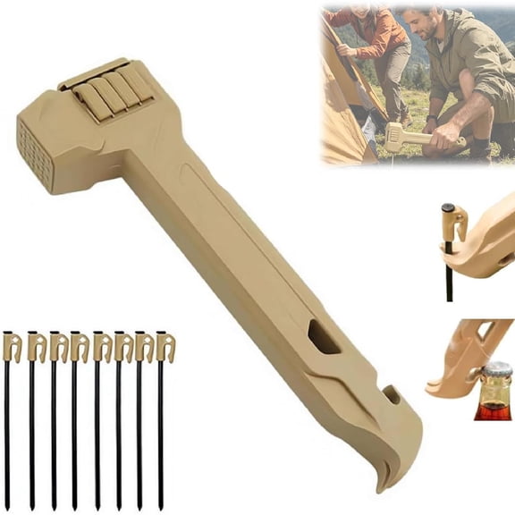 Camping Hammer with 8 Pegs, 4 In 1 Lightweight Multi-Function Peg Driver Puller with Built-In Storage Handle, Tent Stake Hammer for Camping Backpacking Tent Setup and Survival Gear(Khaki)