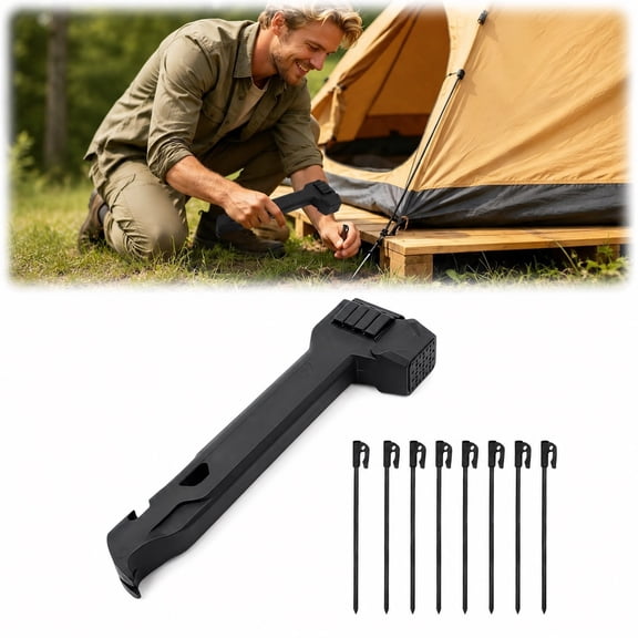 Camping Hammer with 8 Pegs, Multifunction Tent Stake Mallet with Peg Puller and Bottle Opener, Lightweight Outdoor Tool with Storage Handle for Camping Hiking Backpacking