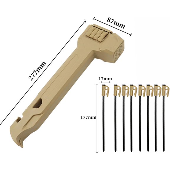 Camping Hammer with 8 Pegs, Tent Stake Driver, Heavy Duty Tent Mallet, Puller & Bottle Opener with Storage Handle for Outdoor Hiking Camping Backpacking (BROWN)