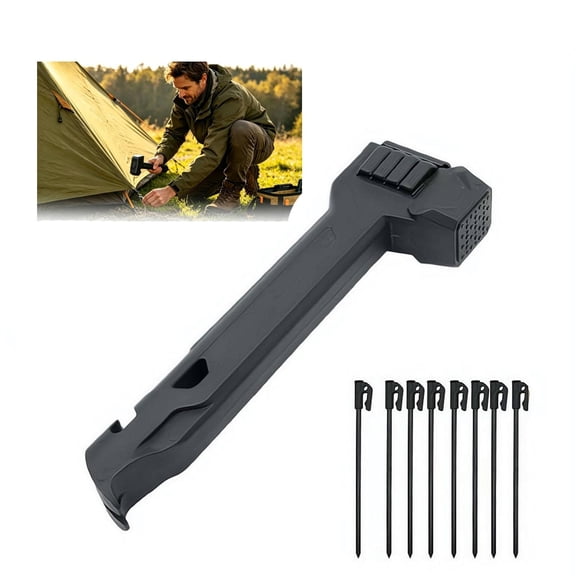 Camping Hammer with 8 Pegs, Tent Stake Driver, Puller & Bottle Opener with Storage Handle, Lightweight Mallet for Outdoor Hiking Camping Backpacking