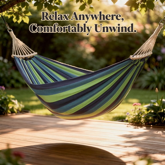 Camping Hammock 2 Person, Double & Anti-Flip Curved Wood Bars, Portable Outdoor Camping Hammock for Backyard Patio, Blue Striped Poly-Cotton Swing with Tree Straps