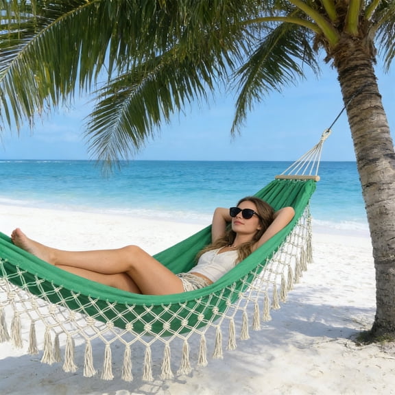 Camping Hammock 92.5x53.1 Inch, Anti-Tip Heavy Duty Canvas Outdoor Swing Bed with Fringe Tassels, Portable Garden Hammock for Backyard Patio Porch