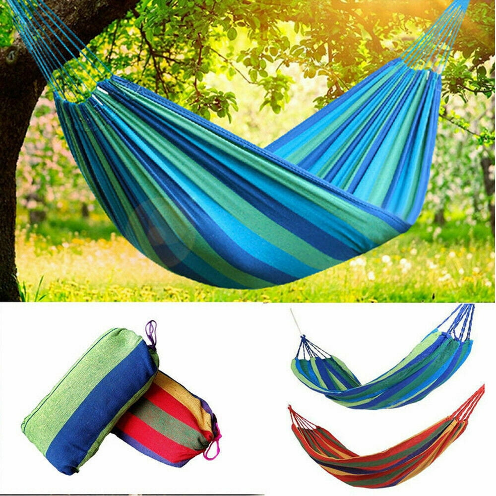 Camping Hammock Canvas Cotton Rope Hiking Hanging Swing Suitable Double Persons(Blue)