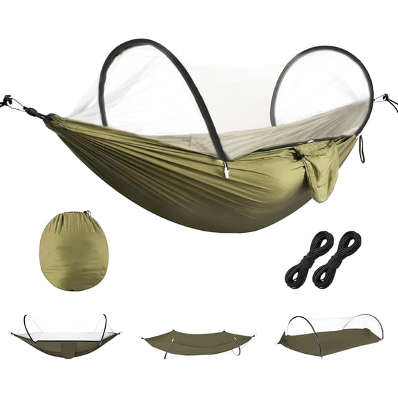 Camping Hammock with Mosquito Net, 3-in-1 Portable Hammock Tent with Built-in Mosquito Net, Dual-Way Zippers, 440lbs Capacity, Attached Storage Pocket for Outdoor Travel Camping Hiking (Army Green)