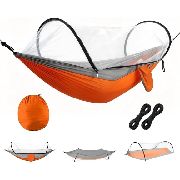 Camping Hammock with Mosquito Net, 3-in-1 Portable Hammock Tent with Built-in Mosquito Net, Dual-Way Zippers, 440lbs Capacity, Attached Storage Pocket for Outdoor Travel Camping Hiking(Orange)