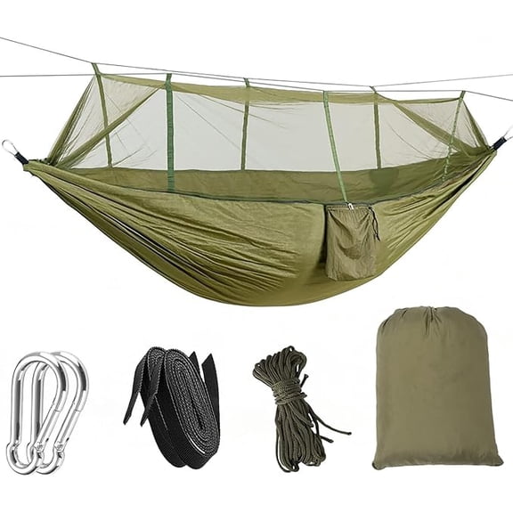 Camping Hammock with Mosquito Net, 600lbs Heavy Duty Double Hammock, Portable 210T Parachute Nylon Hammock with Tree Straps & Carabiners, Lightweight Travel Hammock for Camping, Hiking, Backpacking