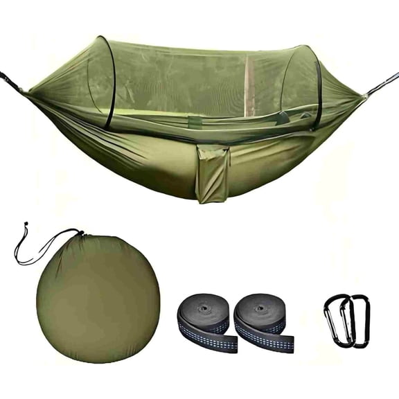 Camping Hammock with Mosquito Net, Lightweight Portable Double & Single Hammock Tent with 2 Tree Straps, Parachute Nylon Hammock for Outdoor Backpacking Beach Backyard Patio Hiking, Arm Green
