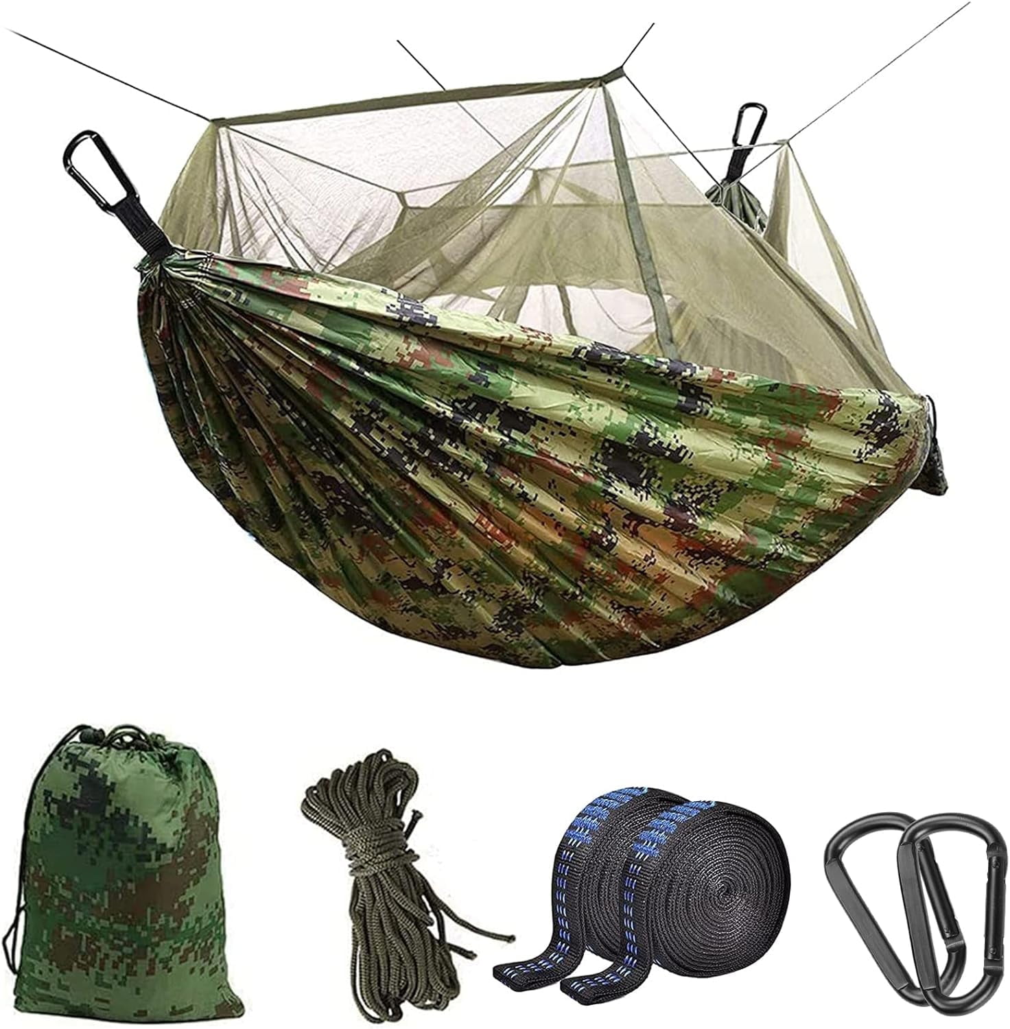 Portable Camping Hammock with Mosquito Net, Double/Single Size 210D Nylon for Outdoor, Backyard & Travel (Camo)