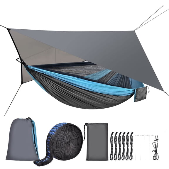 Camping Hammock With Mosquito Net Rain Fly Heavy Duty Tree Strap Nylon Parachute Single Double Tent Waterproof Rainfly Set For Backpacking Backyard Patio Hiking Travel Outdoor