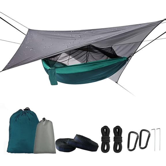 Camping Hammock with Mosquito Net & Rain Fly Tent Tarp & Tree Straps Portable Strong Nylon Hammock Parachute Tent w/Storage Bag for Camping Hiking Backyard Outdoor Backpacking Travel