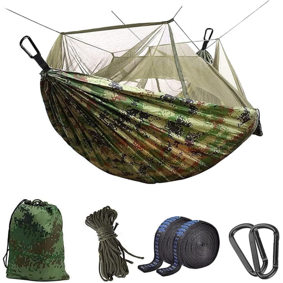 Camping Hammock with Mosquito Net - Ultra Lightweight Durable Double/Single Travel Hammock 210T Parachute Nylon with Tree Straps 660lbs Capacity for Garden Camping Backpacking, Camo