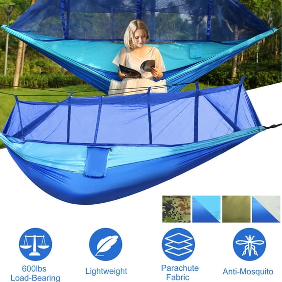 Camping Hammock, Portable Double Hammock with Net, 600lbs Load 2 Persons Hammock w/Mosquito Net Outdoor Hiking Camping Hommock Portable Nylon Swing Hanging Bed w/ Strap Hook Carry Bag