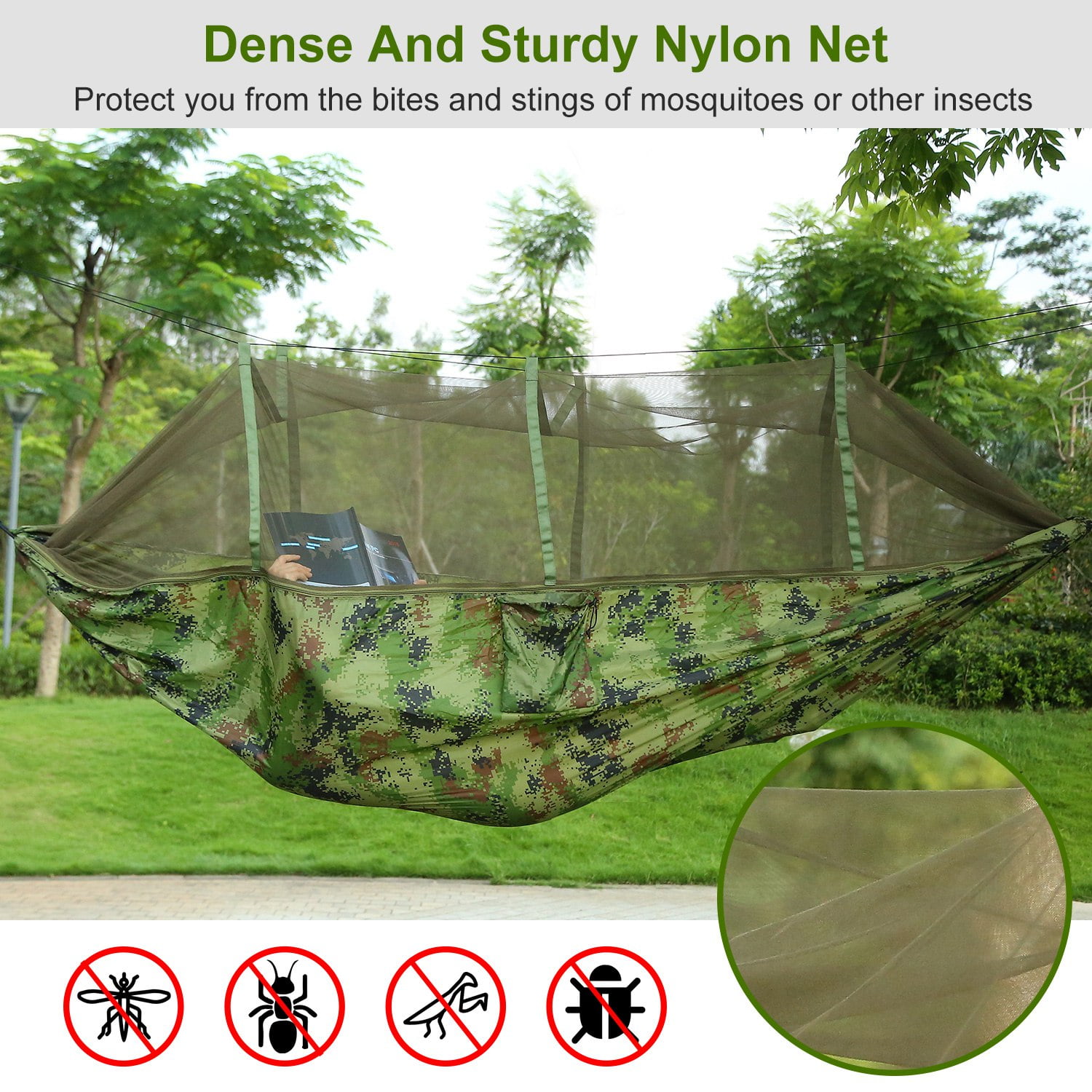 Camping Hammock, Portable Double Hammock with Net, 600lbs Load 2 Persons Hammock w/Mosquito Net Outdoor Hiking Camping Hommock Portable Nylon Swing Hanging Bed w/ Strap Hook Carry Bag