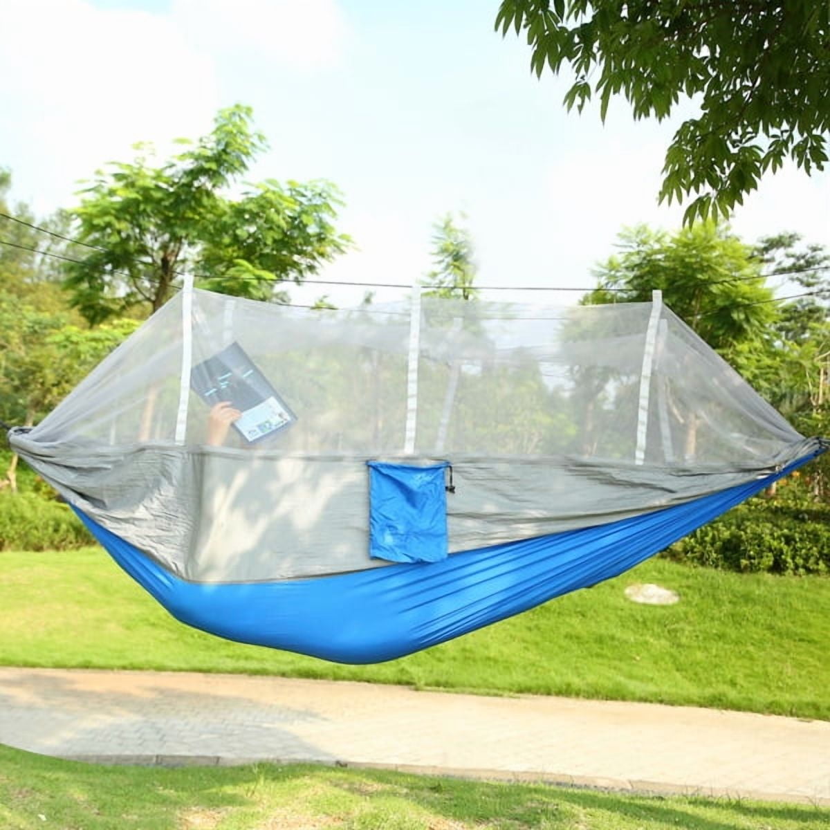 Camping Hammock, Portable Double Hammock with Net,600lbs Load 2 Persons Hammock w/Mosquito Net Outdoor Hiking Camping Hommock Portable Nylon Swing Hanging Bed w/ Strap Hook Carry Bag