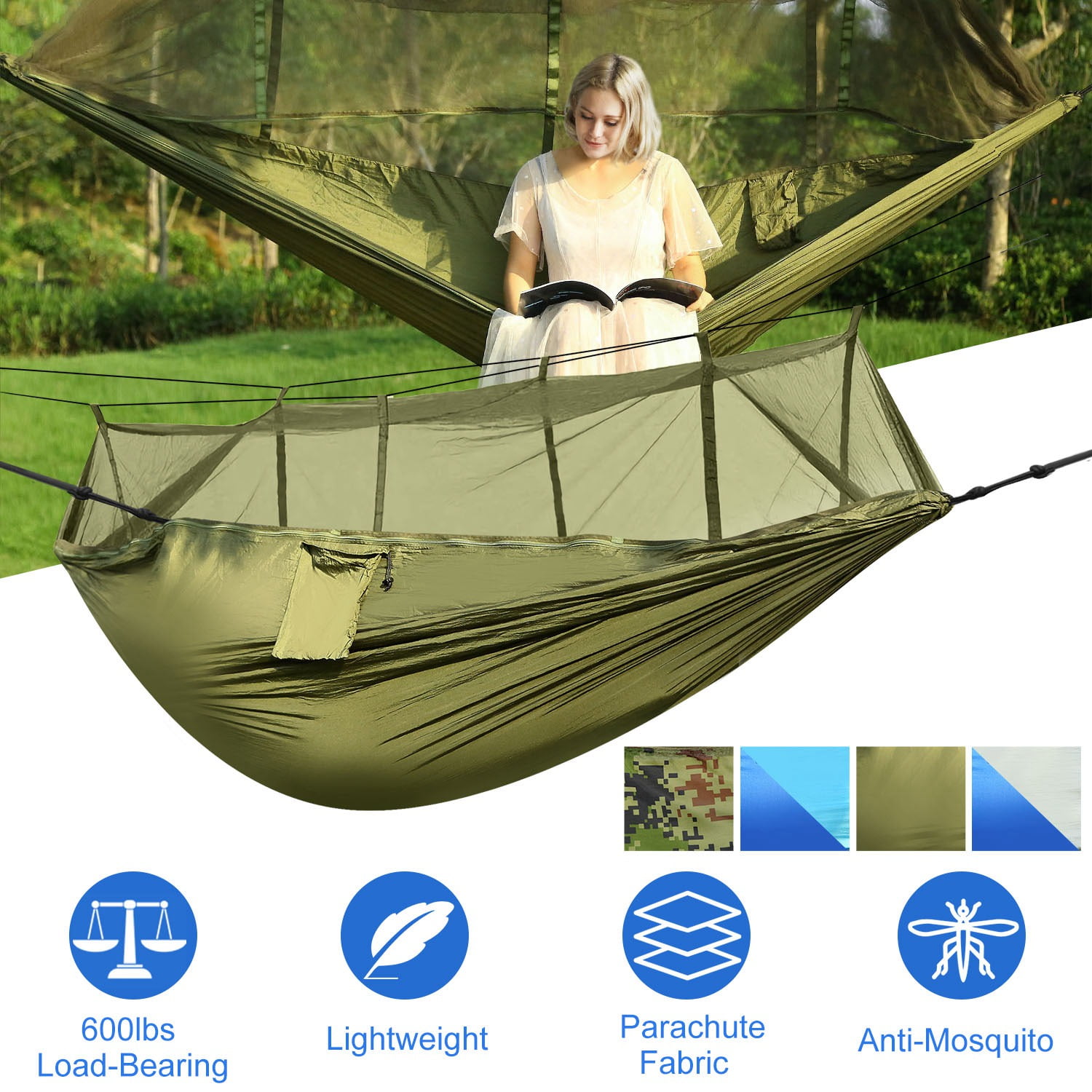 Camping Hammock, Portable Double Hammock with Net, 600lbs Load 2 Persons Hammock w/Mosquito Net Outdoor Hiking Camping Hommock Portable Nylon Swing Hanging Bed w/ Strap Hook Carry Bag