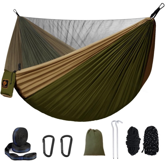 Camping Hammock, Portable Hammocks with Mosquito Net,Lightweight Nylon Parachute Hammock with 10ft Tree Straps,Camping Gear Must Haves for Travel Hiking Backpacking Beach Patio-Green&Khaki