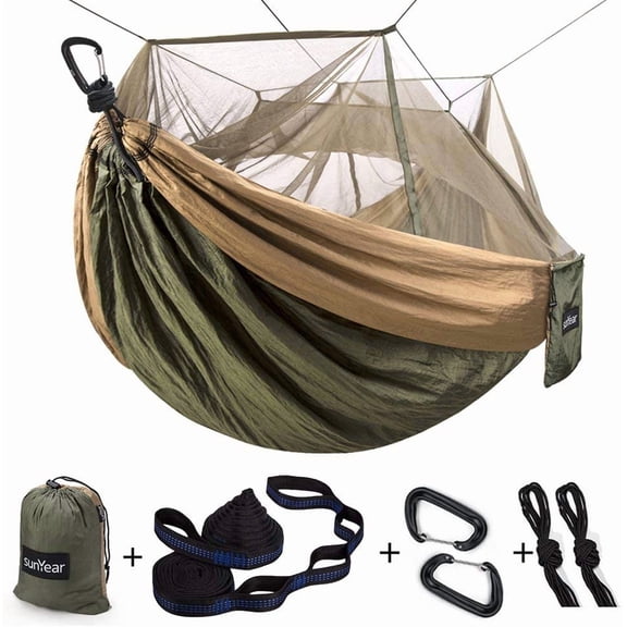 Camping Hammock, Portable Single & Double Hammock with Net, 2 Person Hammock Tent with 2 * 10ft Straps, Best for Outdoor Hiking Survival Travel
