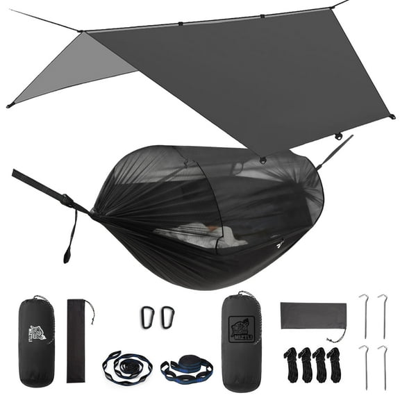 Camping Hammock with Rain fly & Mosquito Net - Lightweight Portable Single Hammock for Outdoor, Hiking, Backpacking, Survival - Includes 20FT Tree Straps & Carry Bag