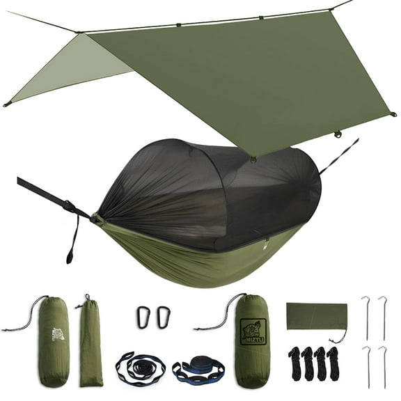 Camping Hammock with Rain fly & Mosquito Net - Lightweight Portable Single Hammock for Outdoor, Hiking, Backpacking, Survival - Includes 20FT Tree Straps & Carry Bag