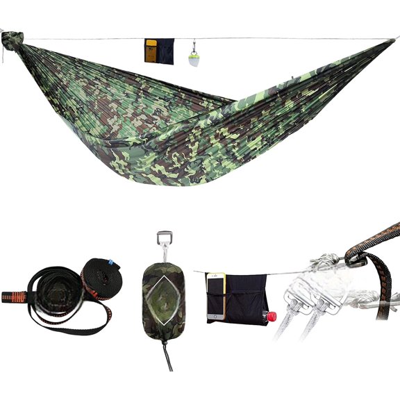 Camping Hammock, Ultralight Portable Hammock with Adjustable Ridgeline, Outdoor Hammock 20D Ripstop Nylon with 2 * 12Ft Tree Strap, Ideal for Camping, Hiking, Backpacking