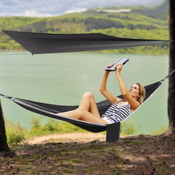 Camping Hammock with Mosquito Net, 290 X 140cm Portable Hammock and 310 Tarp Set, Black and Gray Outdoor Hammock for Backpacking, Hiking, Beach