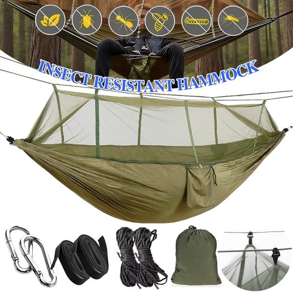 Camping Hammock with Mosquito Net, Lightweight Portable Nylon Hammock for Outdoor Backpacking Travel Beach Yard, Army Green