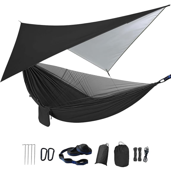 Camping Hammock with Rain Fly Tarp Mosquito Net Heavy Duty Tree Straps Portable Double Parachute Hammocks Tent Waterproof Rainfly Set