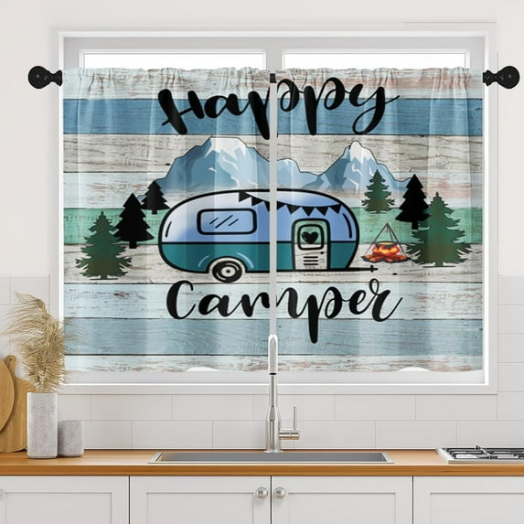 Camping Happy Camper Kitchen Curtains, Vintage Tree MountainShort Window Curtains Set of 2, Window Treatment Tier Curtains for Kitchen Over Sink Dining Room Decor (26x36 Inch)