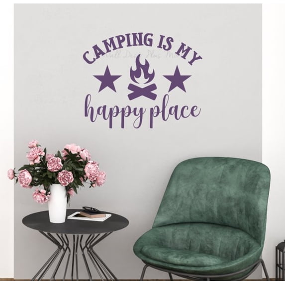 Camping is My Happy Place Campfire Camper RV Decals - Vinyl Camper Decals - RV Camper Decals Sayings for Wall Decor - Decals for RV Trailers - Die-Cut Vinyl Graphics for RV, 23x18.5-Inch, Plum